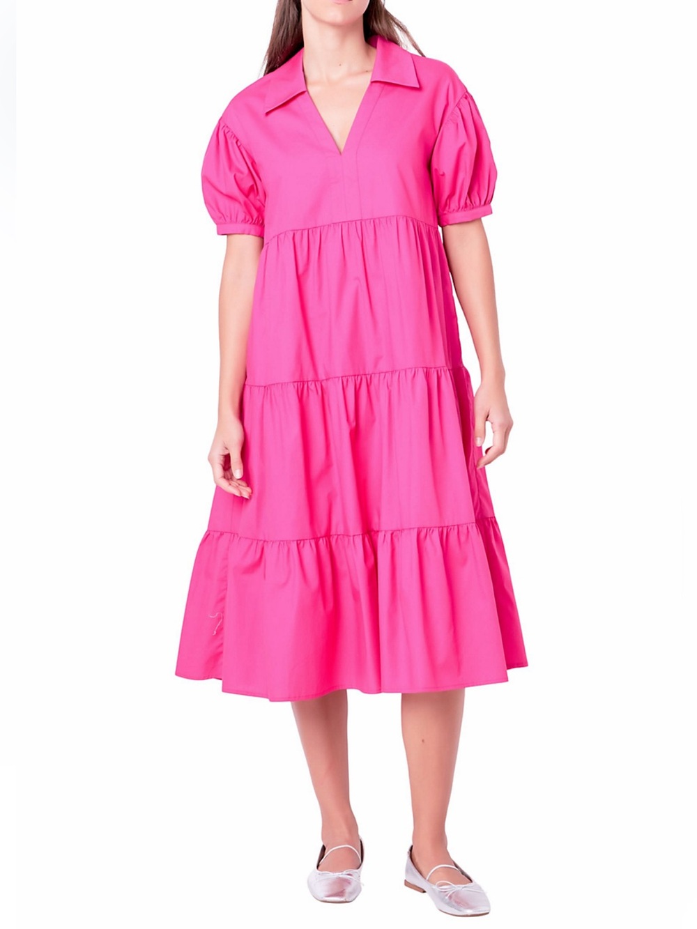 English Factory Hot Pink Puff Sleeve Collared Midi Dress Medium